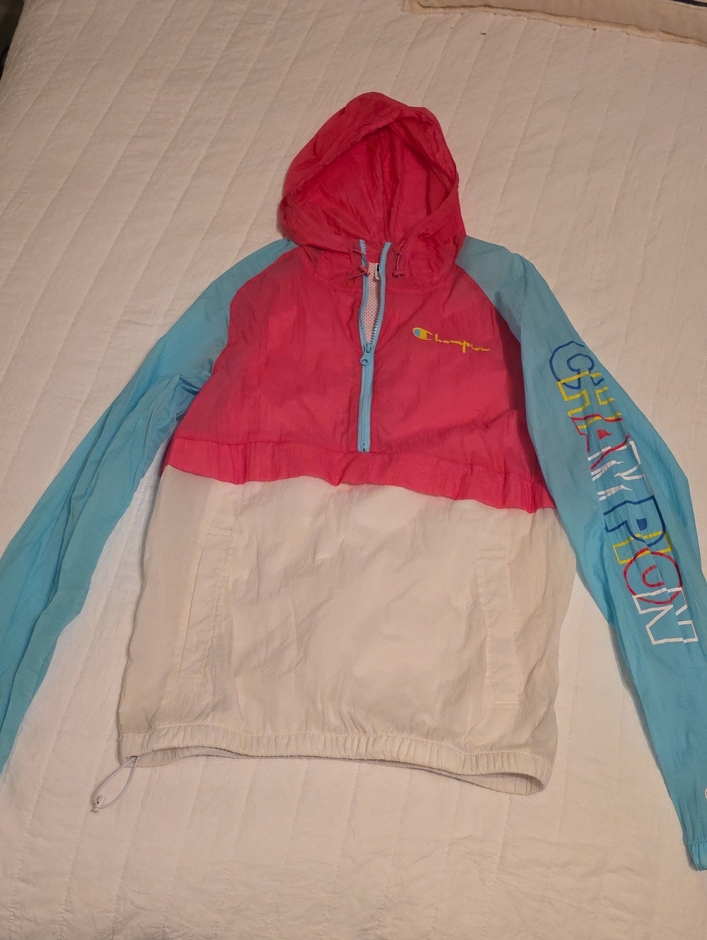 Champion Pink, Light Blue & White Colorblock Hooded Wind Breaker Pullover